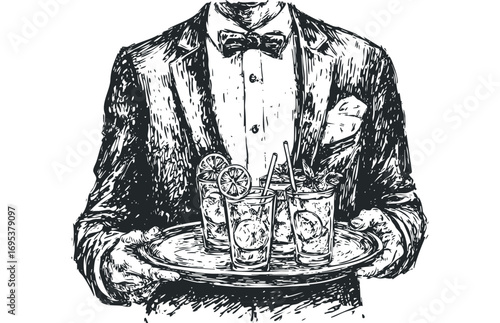 Waiter presenting tray of iced drinks with fruit garnish and straws. Vector hand drawn illustration