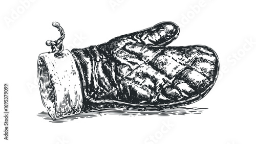 Vintage Oven Mitt with Hanging Tag Isolated on White. Vector hand drawn illustration