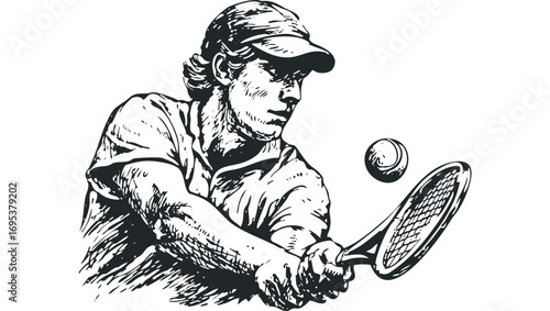 Male tennis player swinging racket at ball. Vector hand drawn illustration
