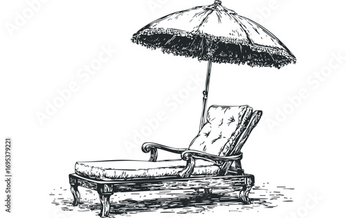 Sketch of a lounge chair with umbrella on transparent background. Vector hand drawn illustration