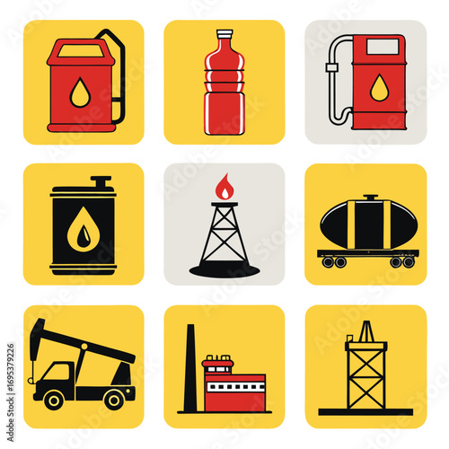 Illustration showing various oil and gas industry elements in a grid pattern on a yellow background