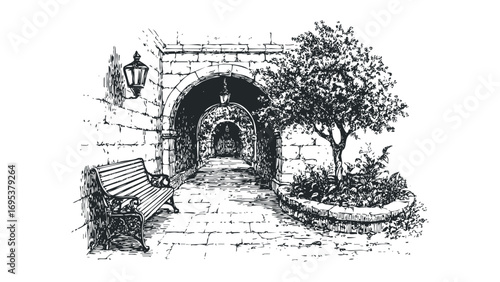 Hand drawn sketch of stone archway with bench and tree on transparent background. Vector hand drawn illustration