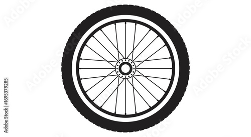 a bicycle wheel with spokes and tire shown in black white