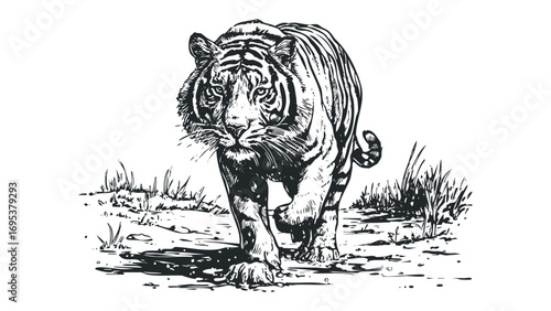 Powerful tiger walking through sparse foliage on a transparent background. Vector hand drawn illustration
