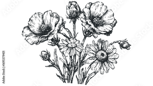Pencil Sketch of Poppies and Daisies Botanical Arrangement. Vector hand drawn illustration