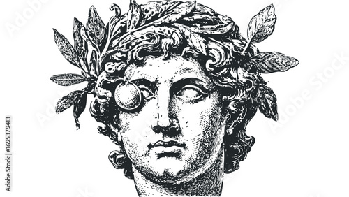 Classical male bust wearing laurel wreath with fruit on transparent background. Vector hand drawn illustration