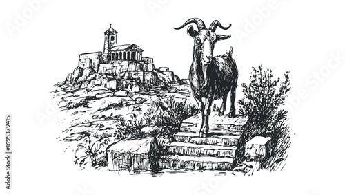 Pencil sketch of a goat on rocky steps with an ancient building on a hill. Vector hand drawn illustration