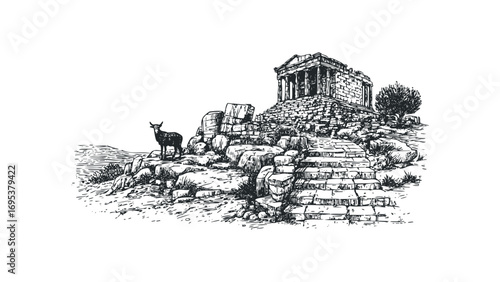 Ancient ruins with a deer on a hill, stone temple, and stairs. Vector hand drawn illustration