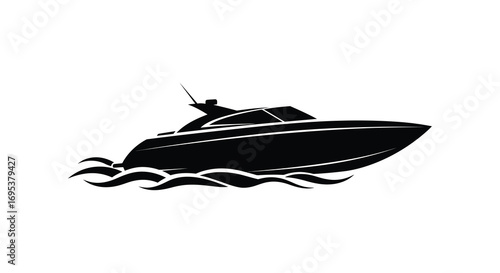 a sleek black speedboat cruising through choppy waters