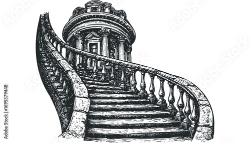 Ornate Stone Staircase Leading to Classical Architecture. Vector hand drawn illustration