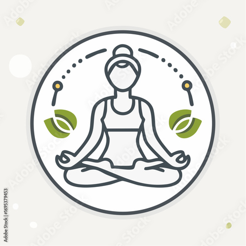 Serene Woman Meditating in Lotus Pose Surrounded by Nature Elements and Dotted Lines Indicating Harmony