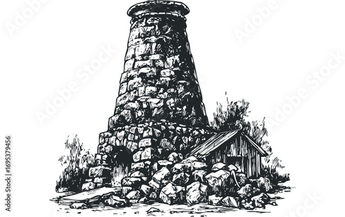 Roughly Drawn Stone Structure with Wooden Shed and Foliage. Vector hand drawn illustration