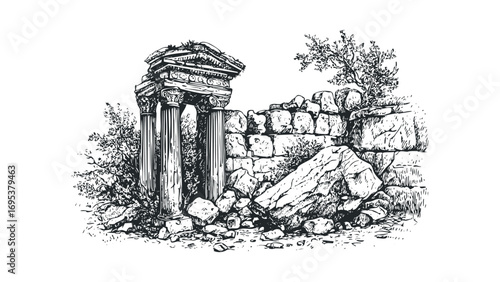 Ancient stone ruins with columns and overgrown vegetation. Vector hand drawn illustration