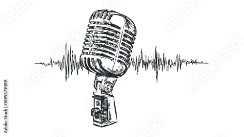 Vintage Microphone and Sound Wave Graphic. Vector hand drawn illustration