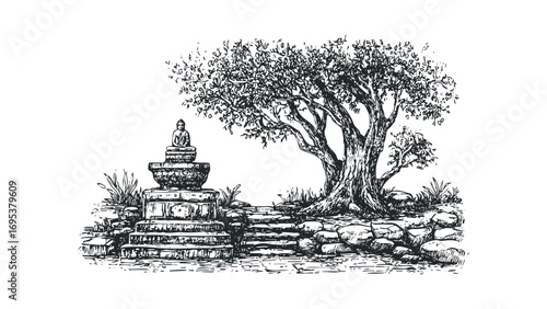 Sketch of a meditative Buddha statue on a stone altar beside a large tree. Vector hand drawn illustration