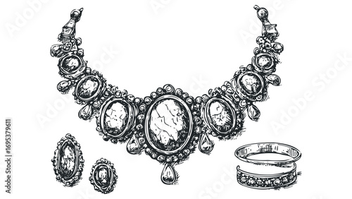 Priceless antique necklace, earrings, and rings set sketched on a transparent background. Vector hand drawn illustration