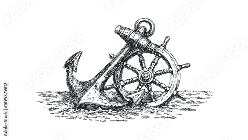 Vintage ship anchor and helm on water surface drawn in sketch style. Vector hand drawn illustration