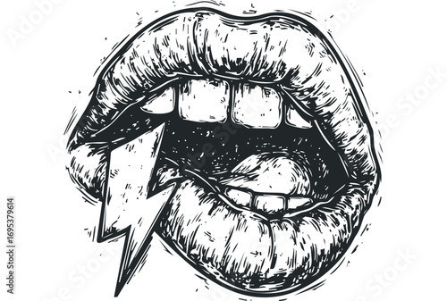 Bold mouth with lightning bolt symbol on transparent. Vector hand drawn illustration
