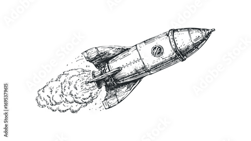 Sketch of a vintage rocket ship launching with smoke trail. Vector hand drawn illustration