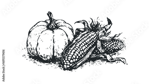 Still life of pumpkin and corn on a transparent background. Vector hand drawn illustration