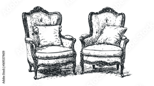 Ornate Armchairs with Pillows Sketch on Transparent Background. Vector hand drawn illustration