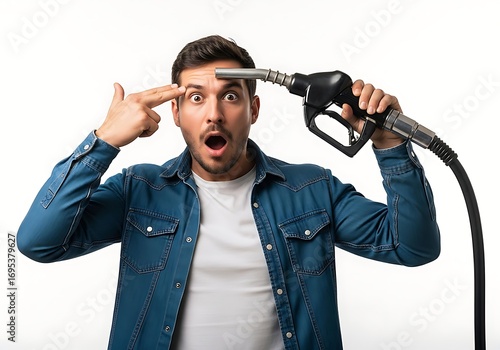 A Man Reacts To High Gas Prices By Holding A Fuel Pump Nozzle To His Head, Symbolizing Economic Stress And The Rising Cost Of Living.