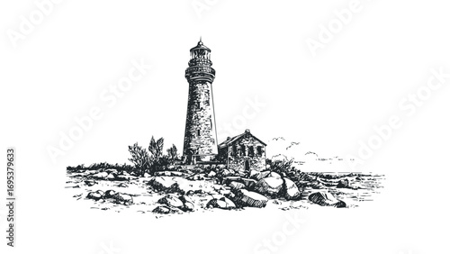Sketch of a historic lighthouse and keeper's cottage on rocky shore. Vector hand drawn illustration