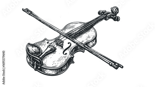 Antique violin and bow illustration. Vector hand drawn illustration