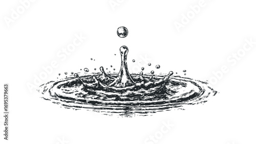 Detailed ink sketch of a water droplet splash creating ripples and bubbles. Vector hand drawn illustration