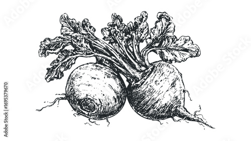 Ink sketch of two fresh beets with leafy green tops on a transparent background. Vector hand drawn illustration