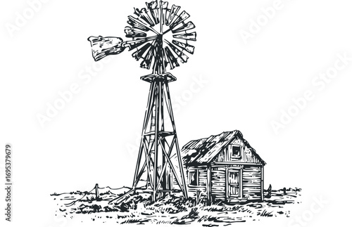 Farmhouse with vintage windmill structure on transparent background. Vector hand drawn illustration