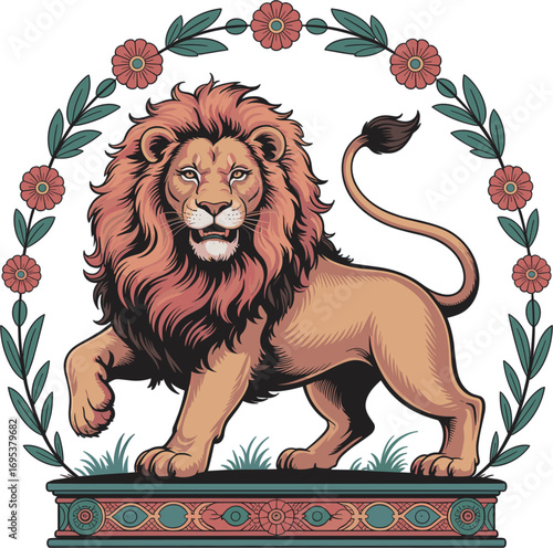 Lion Illustration Floral Wreath Feline Animal King Wildlife Artwork
