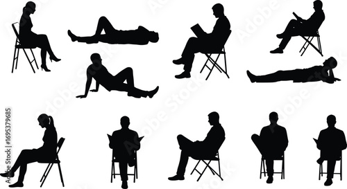 Silhouette people sitting, reading, relaxing, lying down, male and female figures, business meeting, therapy session, communication, teamwork, posture illustration