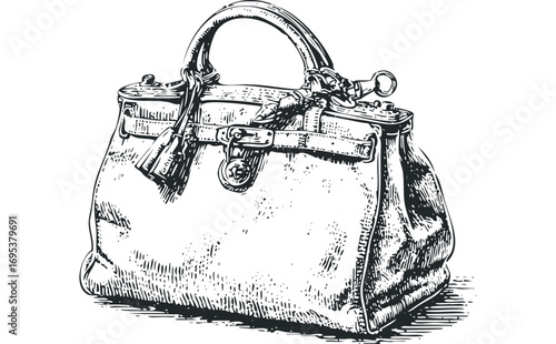 Handbag with tassels and metal clasp on transparent background. Vector hand drawn illustration
