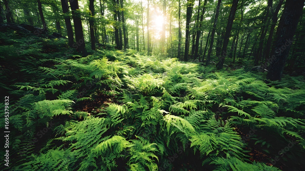 Fototapeta premium Lush green ferns blanket a sunlit forest floor, showcasing a tranquil and vibrant natural scene.