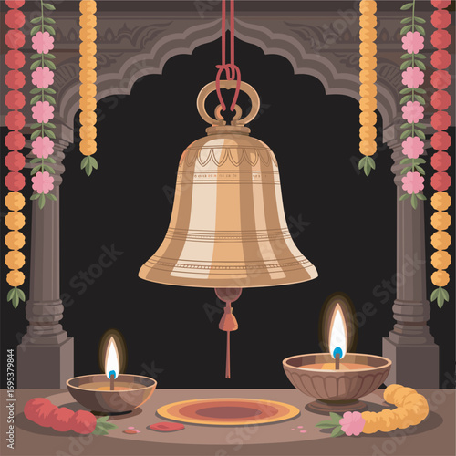 Ornate Hindu Temple Altar with Bell and Oil Lamps for Spiritual Practice