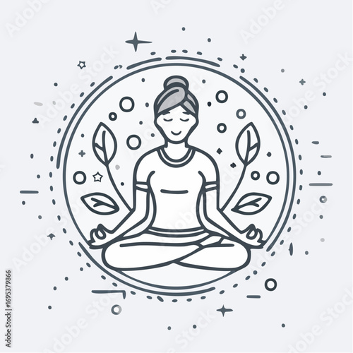 Meditating Woman in Lotus Position Surrounded by Leaves in a Geometric Circular Design
