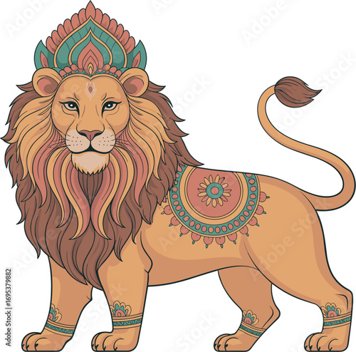 Ornate Lion with Decorative Saddle and Headpiece Illustration Art