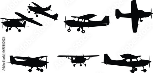 Silhouettes of small airplanes with propellers, aviation aircraft in different views, light planes for flying, travel, transportation, pilot training design