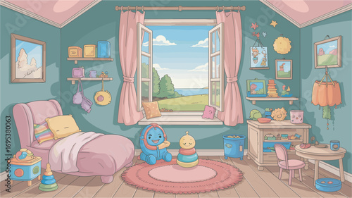Playful Nursery Room Interior Vector Illustration with Toys and Window
