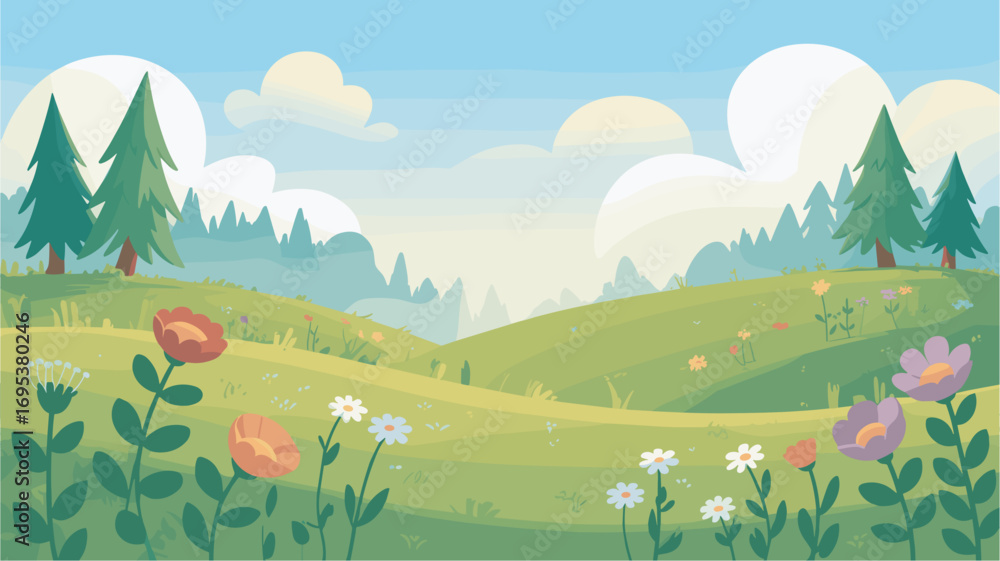 Naklejka premium Spring Meadow Landscape with Flowers and Trees Vector Illustration