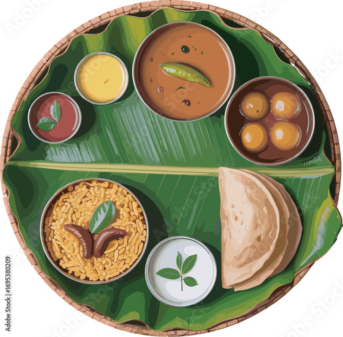 South Indian Thali Meal Vector Illustration on Banana Leaf Platter