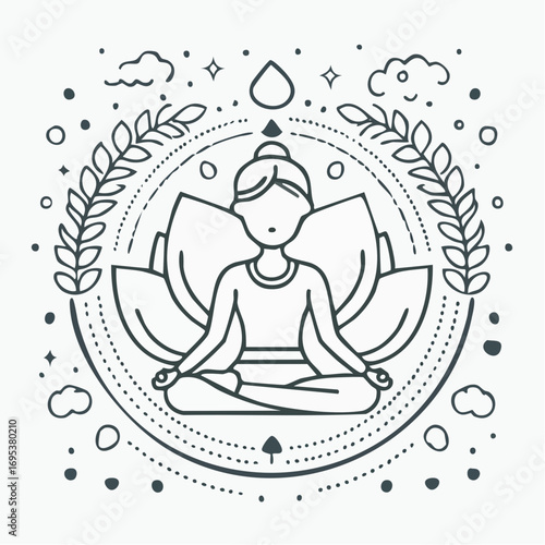 Serene vector illustration of a person practicing yoga meditation in a lotus flower, a concept for mindfulness, balance, and spiritual harmony