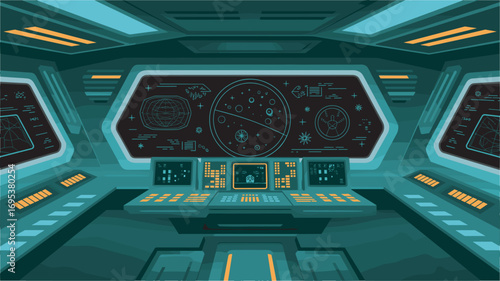 Spaceship Cockpit Interior with Control Panels and Futuristic Displays