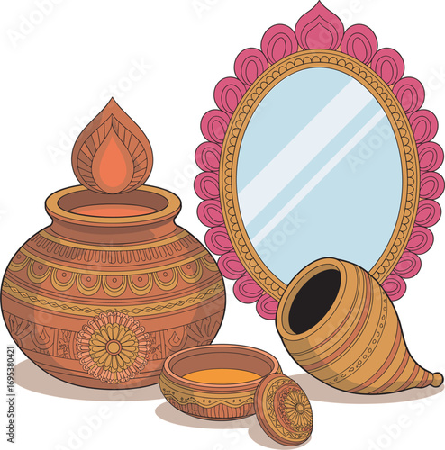 Traditional Indian Clay Pots and Mirror for Auspicious Occasions