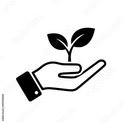 Hand holding plant vector icon for eco care and environmental protection