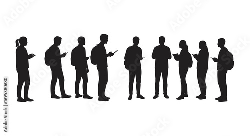 a group of people standing in line using phones