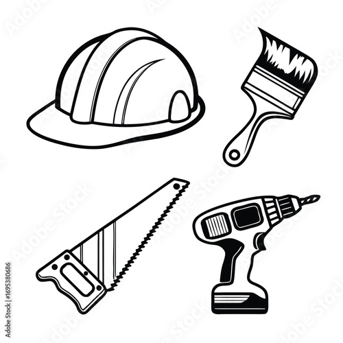 Illustration of construction tools including a hard hat, paintbrush, saw, and a drill in black outline