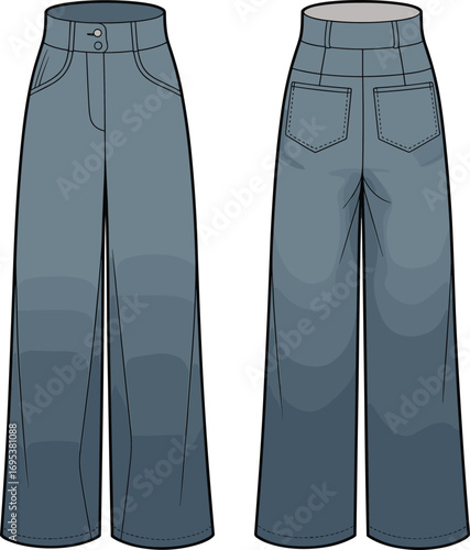 Wide leg jeans fashion flat sketch, front and back view, denim pants technical drawing, clothing template, apparel design vector illustration