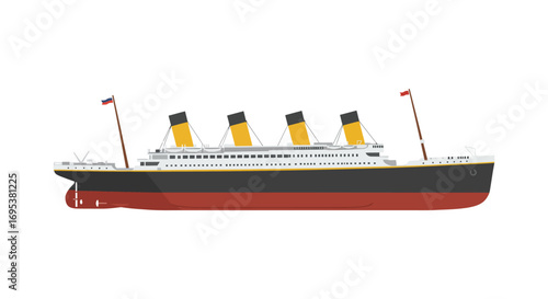 iconic ocean liner with four smokestacks sailing across calm waters
